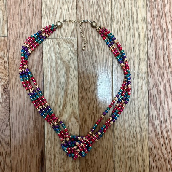 Red + Metallic Wooden Bead Multi-color‎ Knotted Necklace - Picture 1 of 4